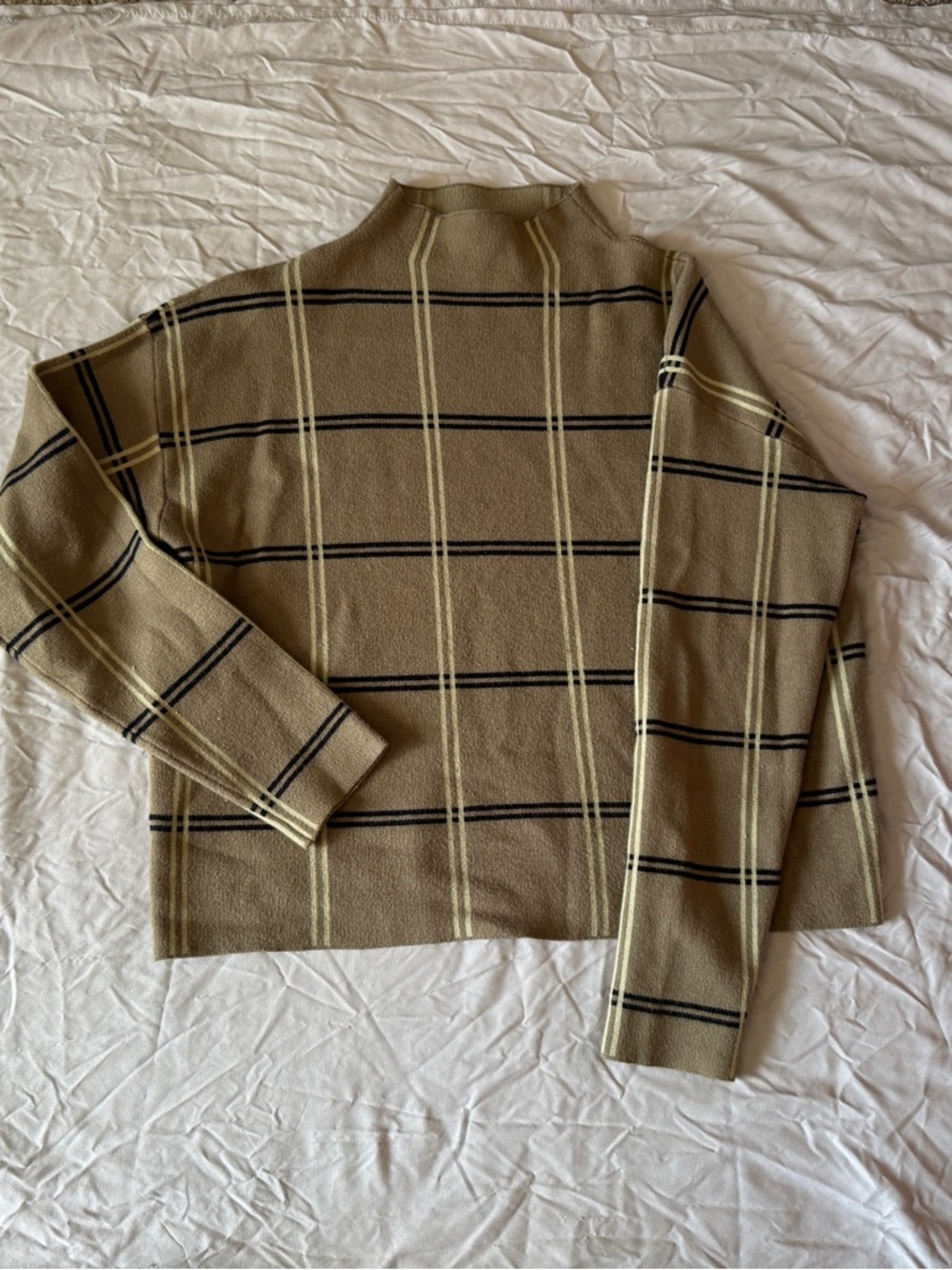 Max Studio Tan Plaid Cowl Neck Sweater with Black & Cream Stripes